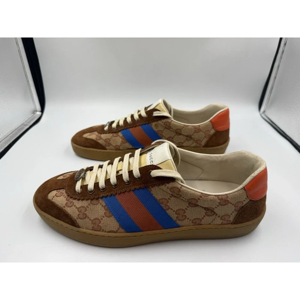 Gucci Screener Men's Sneakers GG Monogram Brown Suede Web Red Blue Size 10 US 11